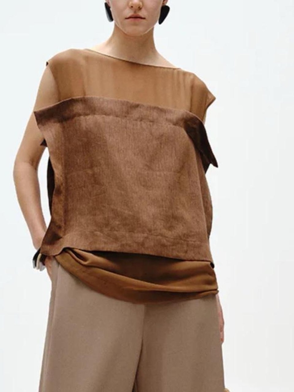 Brown layered women's top with sheer details